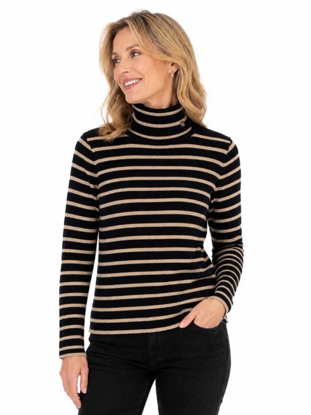 Lauren Ralph Lauren Black Gold Metallic Striped Ribbed Turtleneck Sweater L